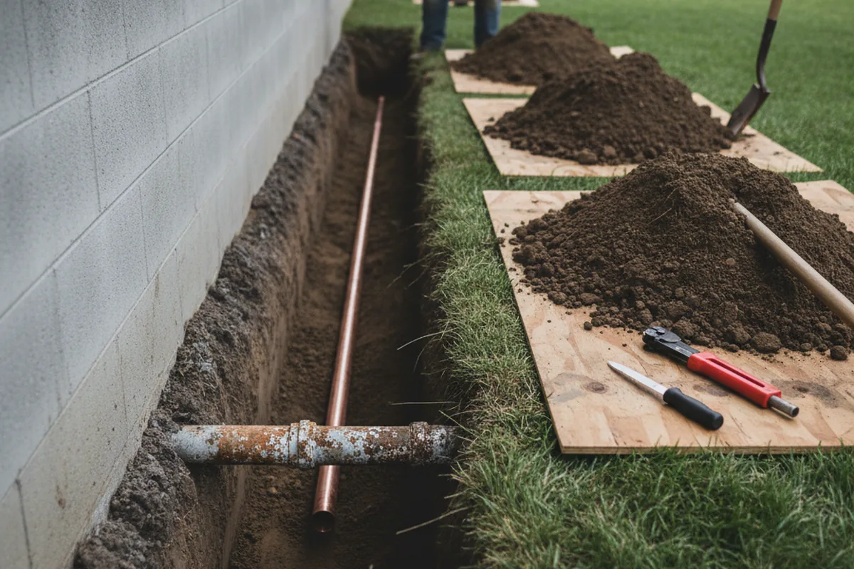 Excavated water line trench during Water Heater Repair in Showell